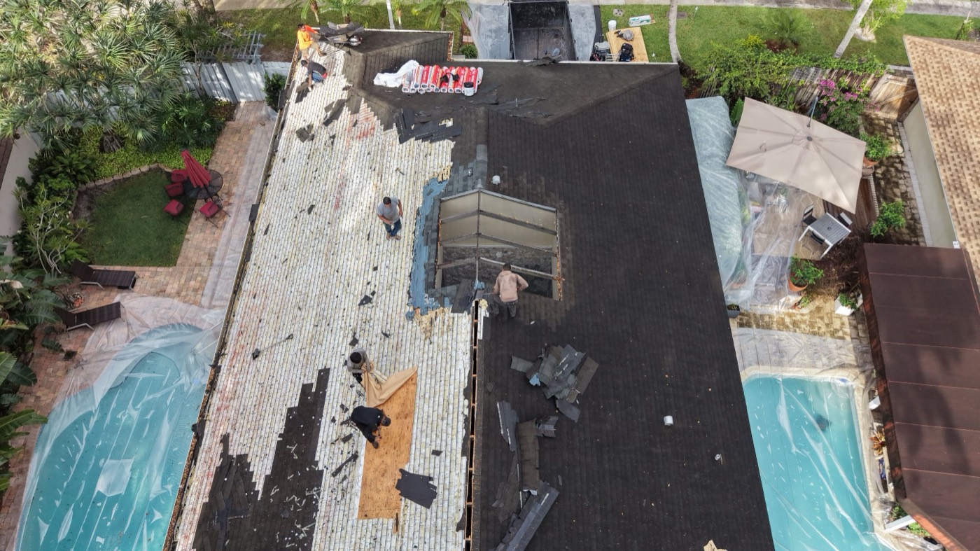 Drone view of a roofing project in Miami-Dade County